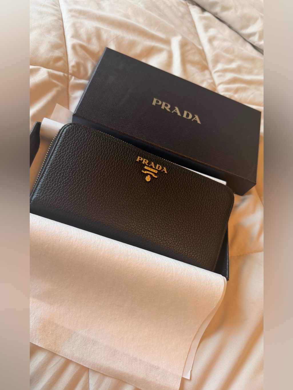 Prada Black Pebbled Leather Zip Wallet With Gold Hardware